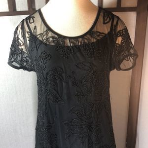 Puddings Shop black beaded dress/sz 2/cap sleeves/illusion /sheer/lined/sheath